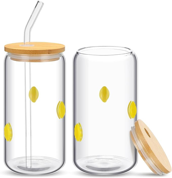 Honeydak 2 Pcs Icon Juice Glass Tumbler with Lid & Straw - 18 oz Lemon Icon Glass Cups Coffee, Be... | Amazon (US)