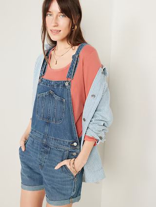 Slouchy Straight Workwear Medium-Wash Non-Stretch Jean Short Overalls for Women -- 3.5-inch insea... | Old Navy (US)