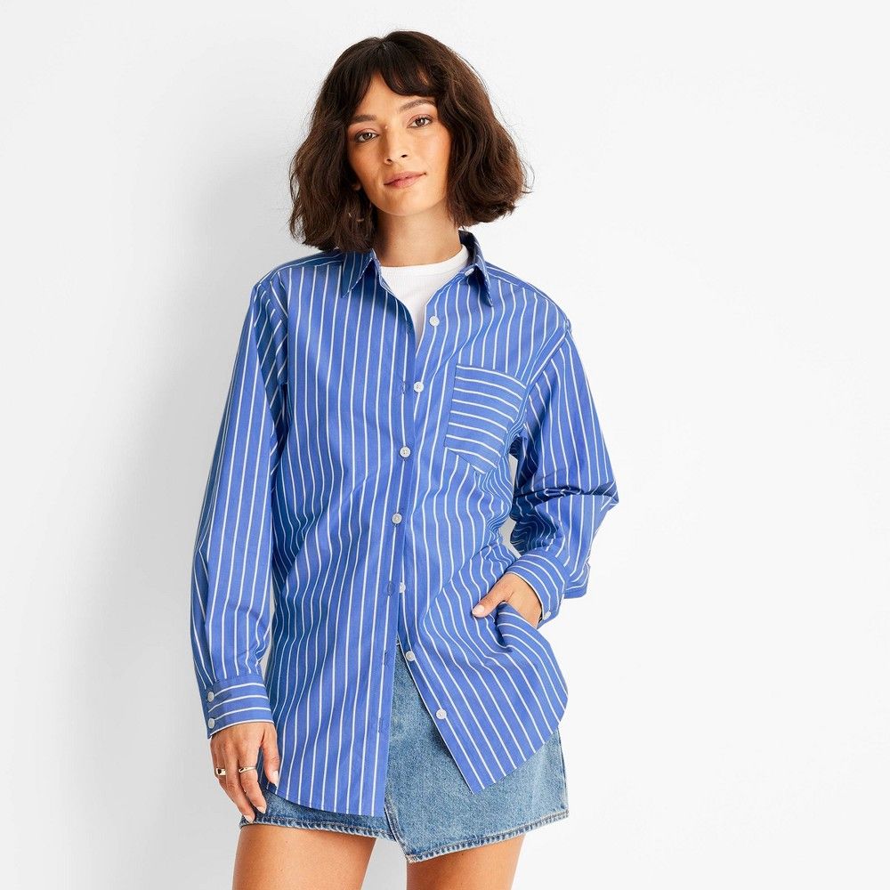 Women's Long Sleeve Button-Down Shirt - Future Collective with Kahlana Barfield Brown Blue Pinstripe | Target
