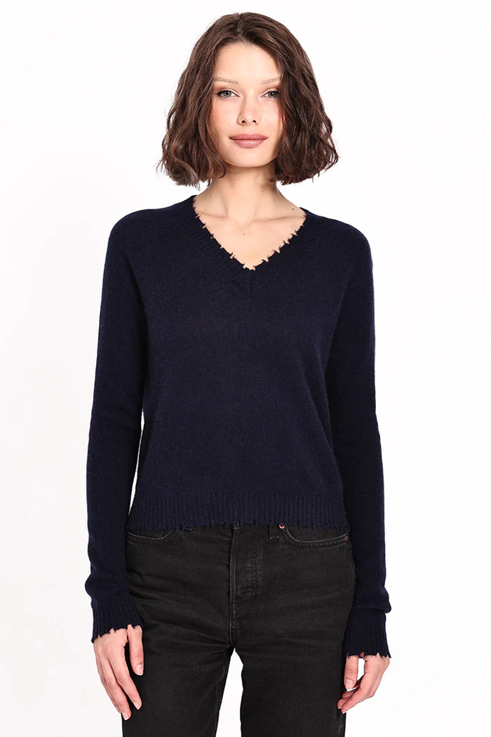 Cashmere Frayed Edge Cropped V-Neck | Minnie Rose