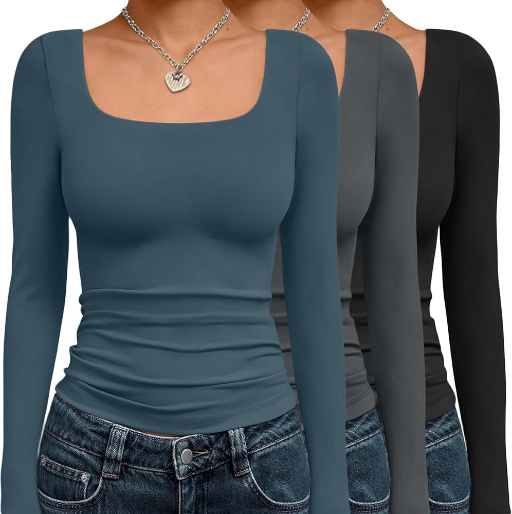 AUTOMET 3 Pack Womens Long Sleeve Shirts Fall Fashion Scoop Neck Crop Tops Basic Layer Slim Fit Y... | Amazon (US)