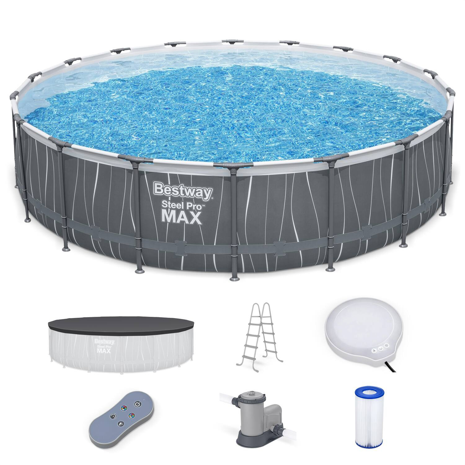 Bestway - Steel Pro MAX 18' x 48" Round Above Ground Pool Set w/LED Light & Remote - Grey Print LED | Best Buy U.S.