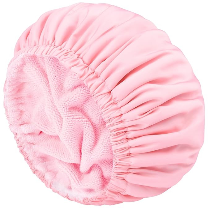 Pink Shower Cap for Women Terry Lined Bath Cap Large Reusable Waterproof Elastic Band Shower Caps... | Amazon (US)