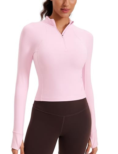 CRZ YOGA Butterluxe Half Zip Long Sleeve Shirts for Women - Workout Athletic Yoga Tops Crop Collared Quarter Zipper T-Shirt Pink Peony Small | Amazon (US)