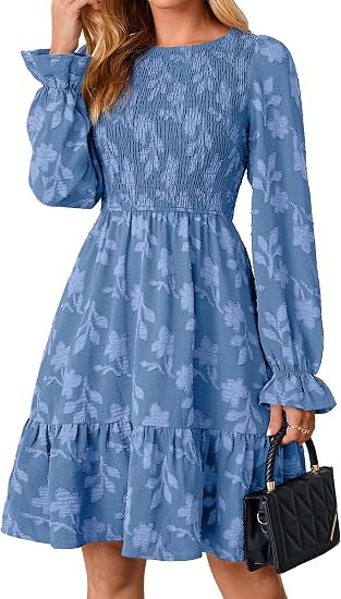 Simplee Womens Fall Long Sleeve Mini Dress Casual Babydoll Dresses | Wedding Guest, Smocked, A Li... | Amazon (US)