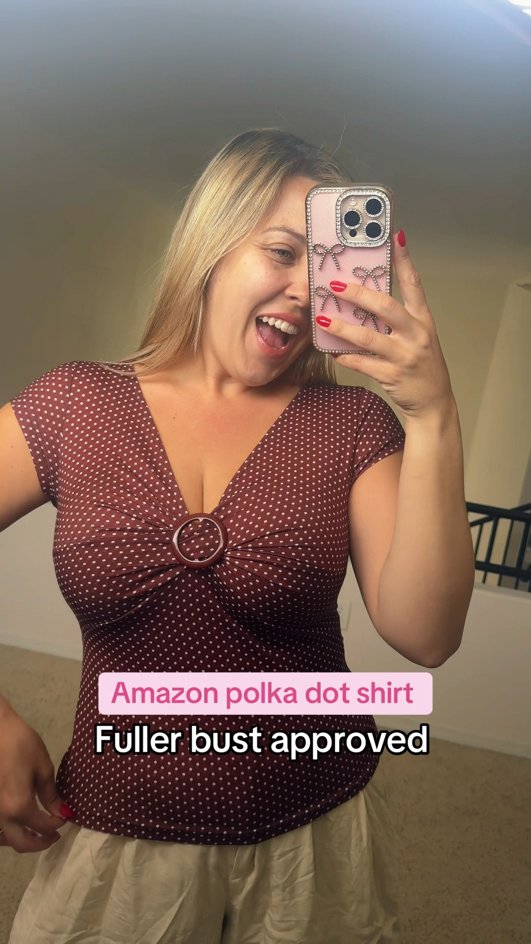Brown polka dot shirt
Work outfit
Tops for fuller bust
Summer fashion 
Work tops

#LTKootd #LTKSeasonal #LTKMidsize