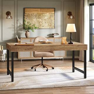 Moronia 55.1 in. Rectangle Brown Wood Desk with Wide Tabletop, Industrial Long Simple Computer Executive Desk | The Home Depot