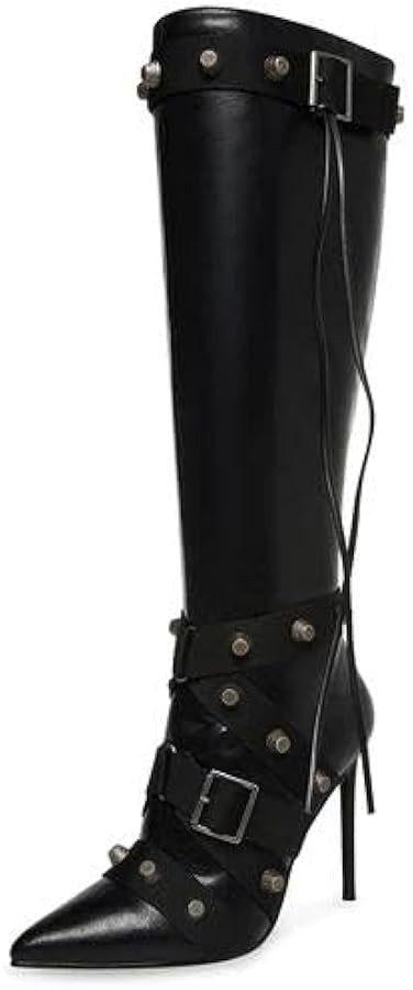 keleimusi Pointed Stiletto Boots with Silver Studs Zip Detailing Buckle Punk Boot | Amazon (US)