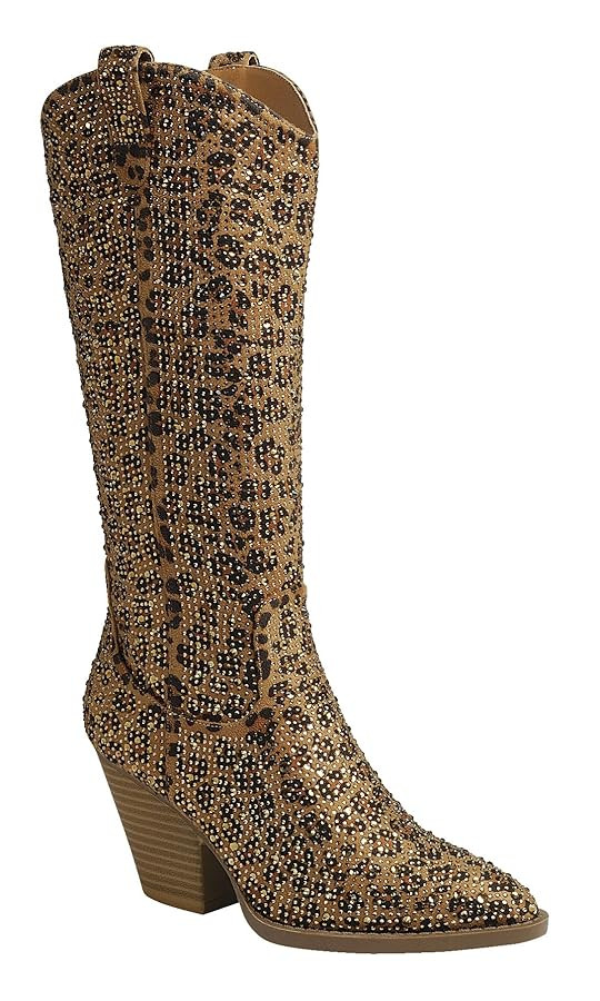 Women's Rhinestones Cowboy Knee High Boots River 11 Leopard Rhinestone 6 | Amazon (US)