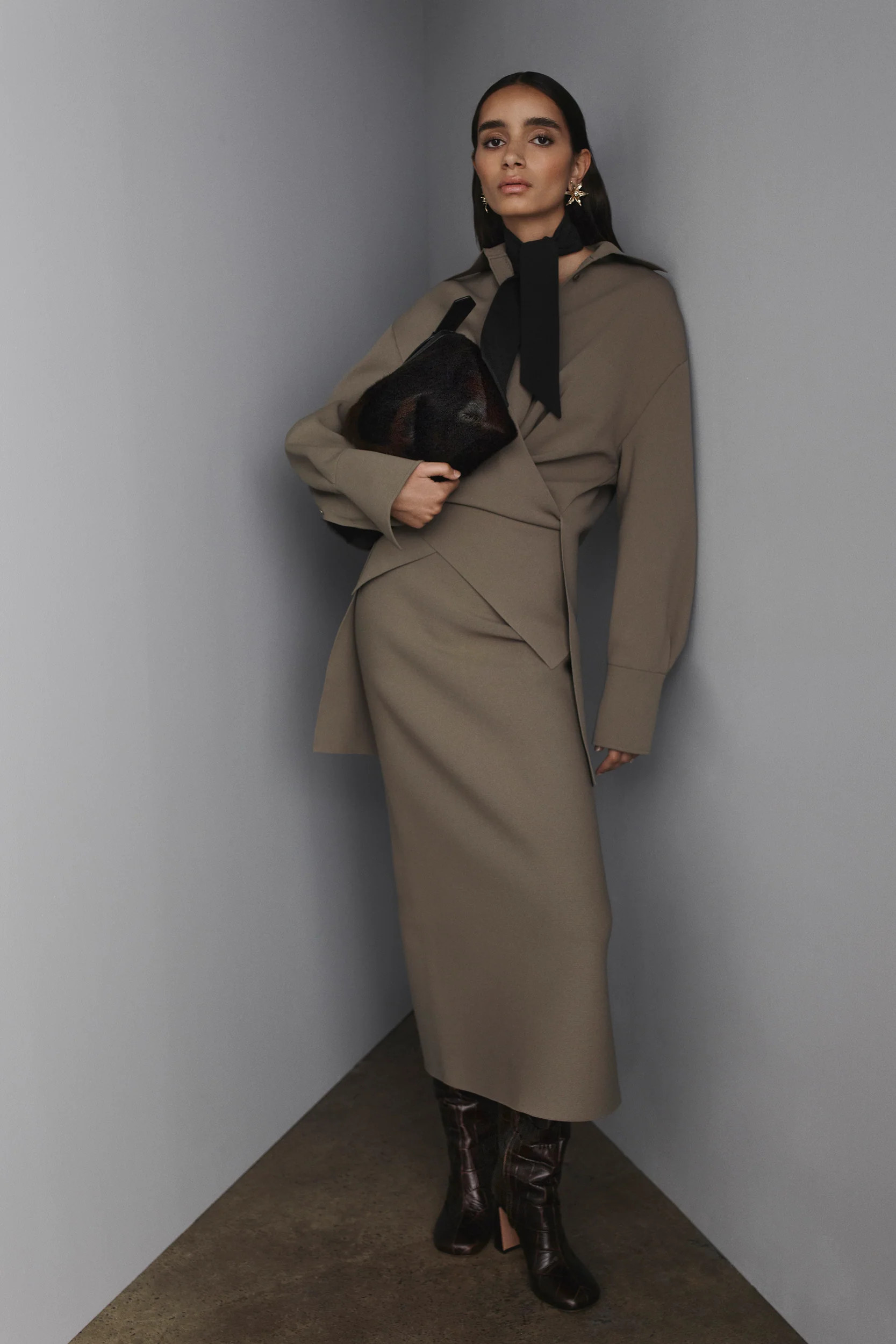 CREPE KNIT PENCIL LONG SKIRT - ARMY - Scanlan Theodore | Scanlan Theodore AU