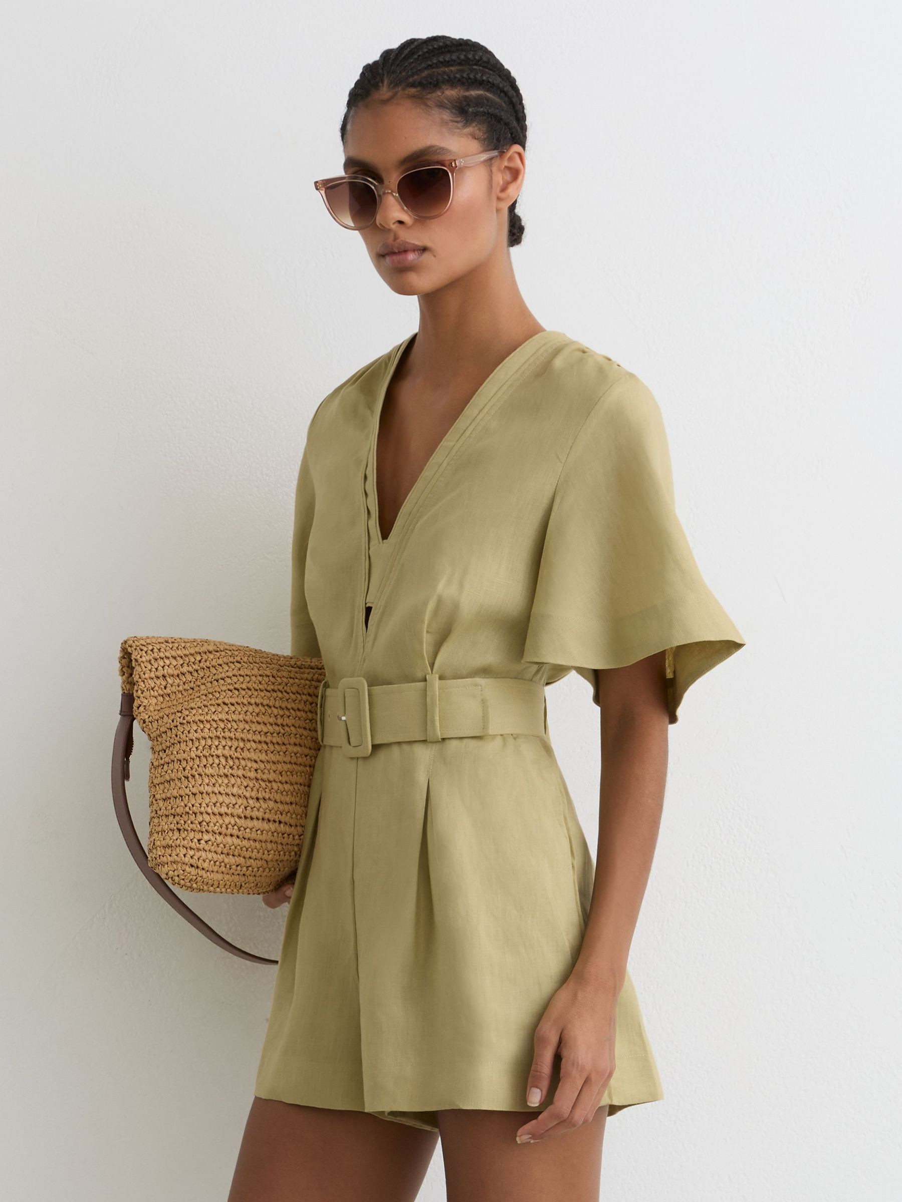 Linen Short-Sleeve Belted Playsuit in Green | Reiss UK
