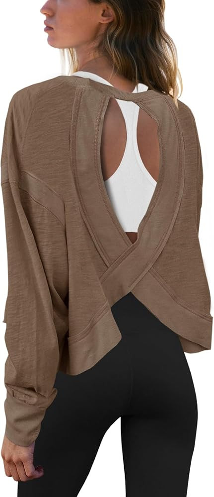 Panadila Womens Open Back Workout Top Long Sleeve Athletic Shirts Casual Crop Running Tee Y2k Yog... | Amazon (US)