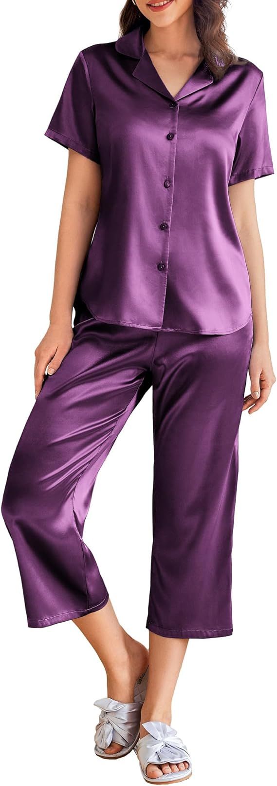 Ekouaer Women Satin Pajamas Set Short Sleeve Capri Sleepwear Silk Button Down Nightwear Two-Piece... | Amazon (US)