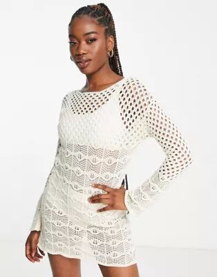 Miss Selfridge long sleeve crochet cover up in cream | ASOS (Global)
