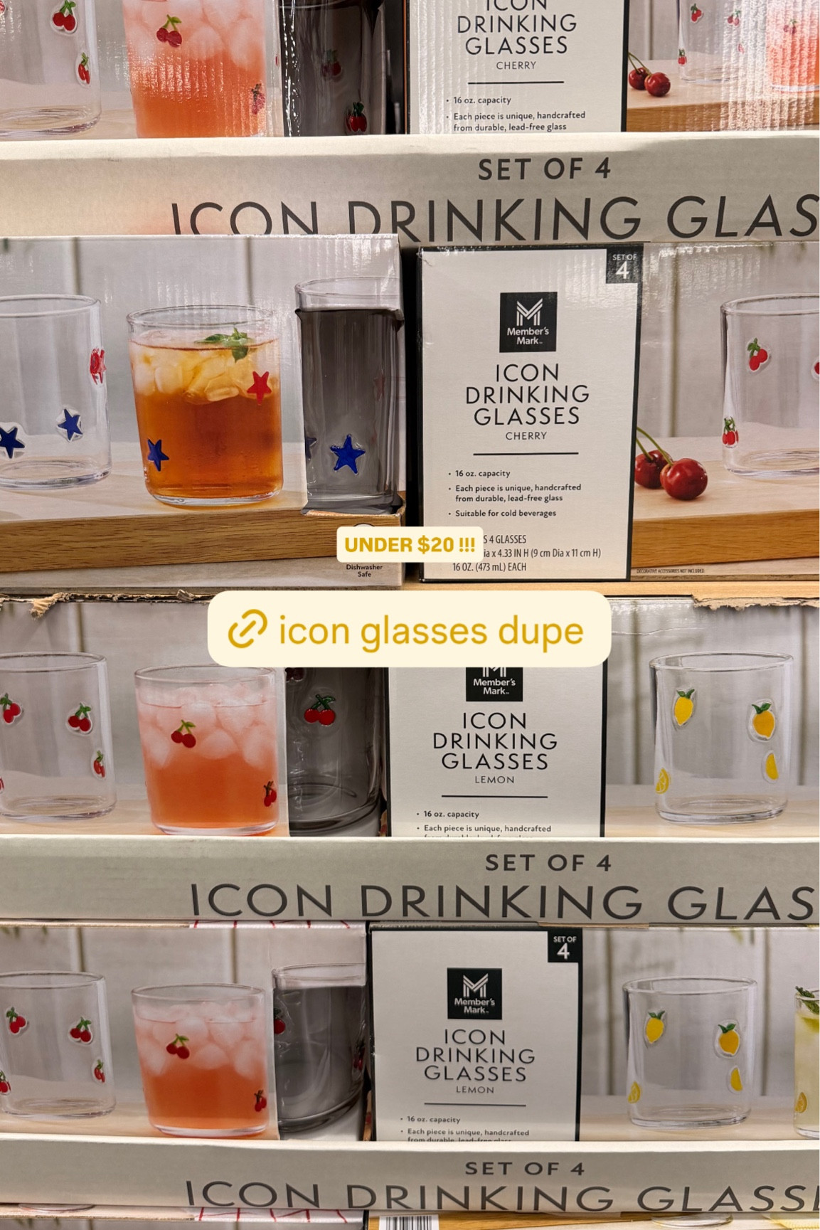Icon glasses dupe from Sam’s Club! Less than $5 per glass!! 🍋🍒⭐️  

#LTKHome