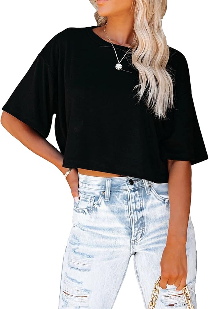 Tankaneo Women Half Sleeve Cropped T Shirt Drop Shoulder Round Neck Crop Tops Casual Summer Solid... | Amazon (US)