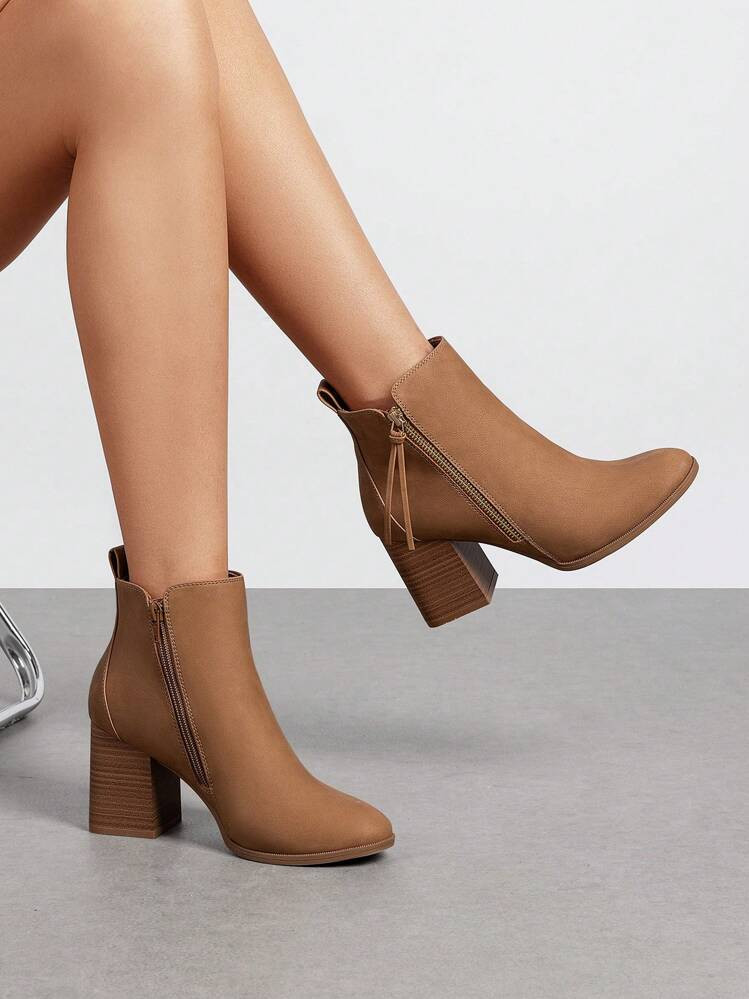 Women's Comfy Almond Toe High Chunky Heel Ankle Boots With Zipper Decoration For Work And Everyda... | SHEIN