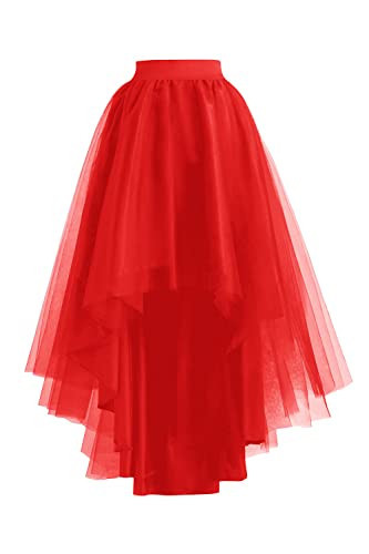 High Low Tulle Skirt Lace up Wedding Party Prom Cocktail Mesh Long Tulle Skirt for Women Red One Size | Amazon (US)