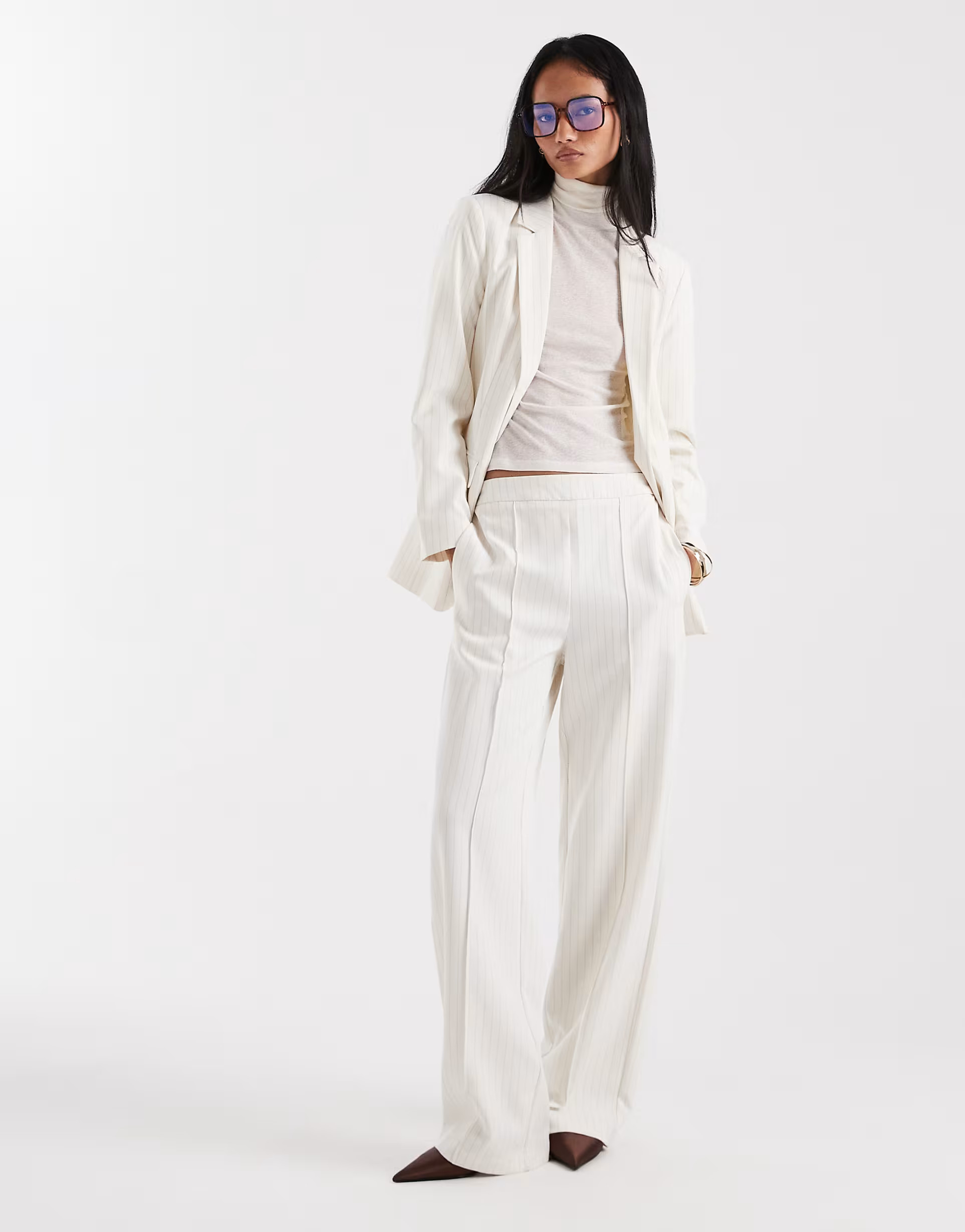 PIECES tailored wide leg pants in birch cream pinstripe - part of a set | ASOS (Global)