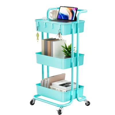 3 Tier Rolling Cart, Utility Cart with Wheels & 4 Hooks, Rolling Storage Cart | Wayfair North America