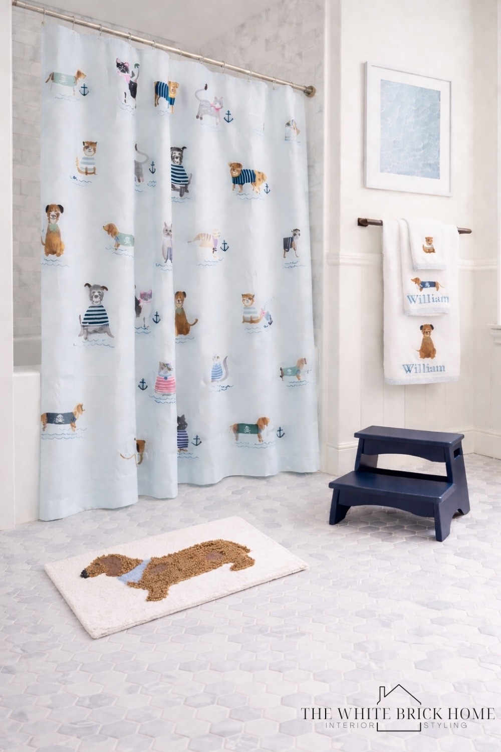 A sweet, nautical inspired kids bath where playful puppy details and soft coastal blues make everyday bath routines cheerful and fun. 
🖤🖤
Kids bath, bath, bathroom, kids bathroom, kids bath shower curtain, kids bath bath mat, kids bath wall art, kids bathroom towels, shared kids bath, bathroom flooring, floor tile, kids bathroom decor, boys bath, girls bath, bathroom ideas, home decor, kids room, shared kids room, kids bedroom decor, kids room ideas, coastal home, coastal kids bath, coastal kids room decor, pottery barn kids, minted 


#LTKSeasonal #LTKKids #LTKHome