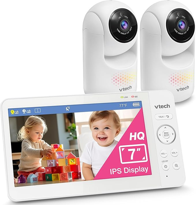 VTech Baby Monitor with 2 Cameras No WiFi & 7" IPS Split Screen, Remote Pan Tilt Zoom – 5000mAh... | Amazon (US)