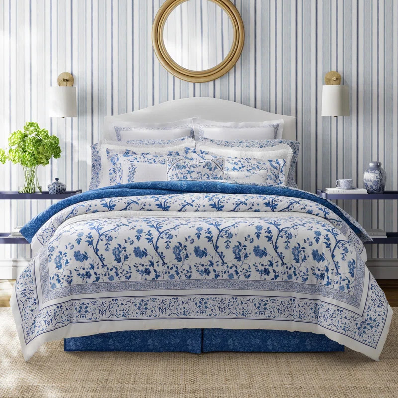 Laura Ashley Charlotte Cotton Reversible Blue Comforter Set | Wayfair North America