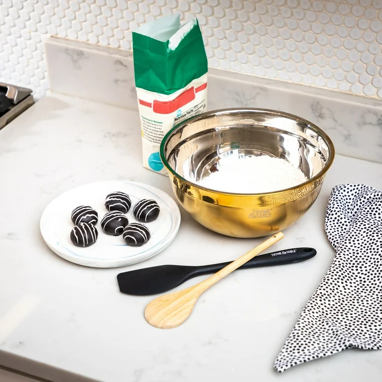 Thyme & Table Stainless Steel Mixing Bowl with Silicone Spatula & Wood Spoon, 3 Piece Set, Gold | Walmart (US)