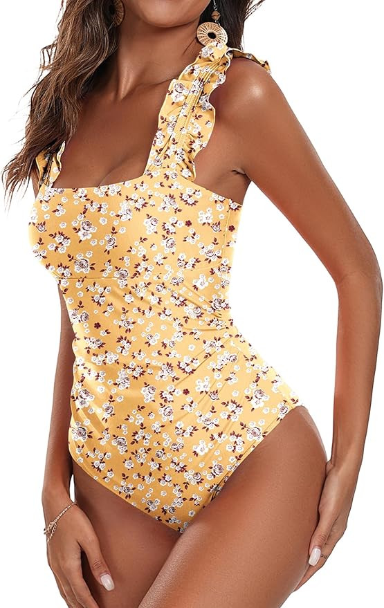 Ekouaer Women's One Piece Swimsuits Square Neck Tummy Control Bathing Suit with Adjustable Ruffle... | Amazon (US)