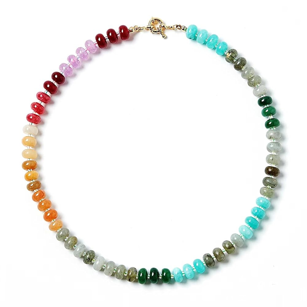 Bead Gemstone Choker Necklace for Women,Colorful Natural Stone Beaded Statement Boho Beach Neckla... | Amazon (US)