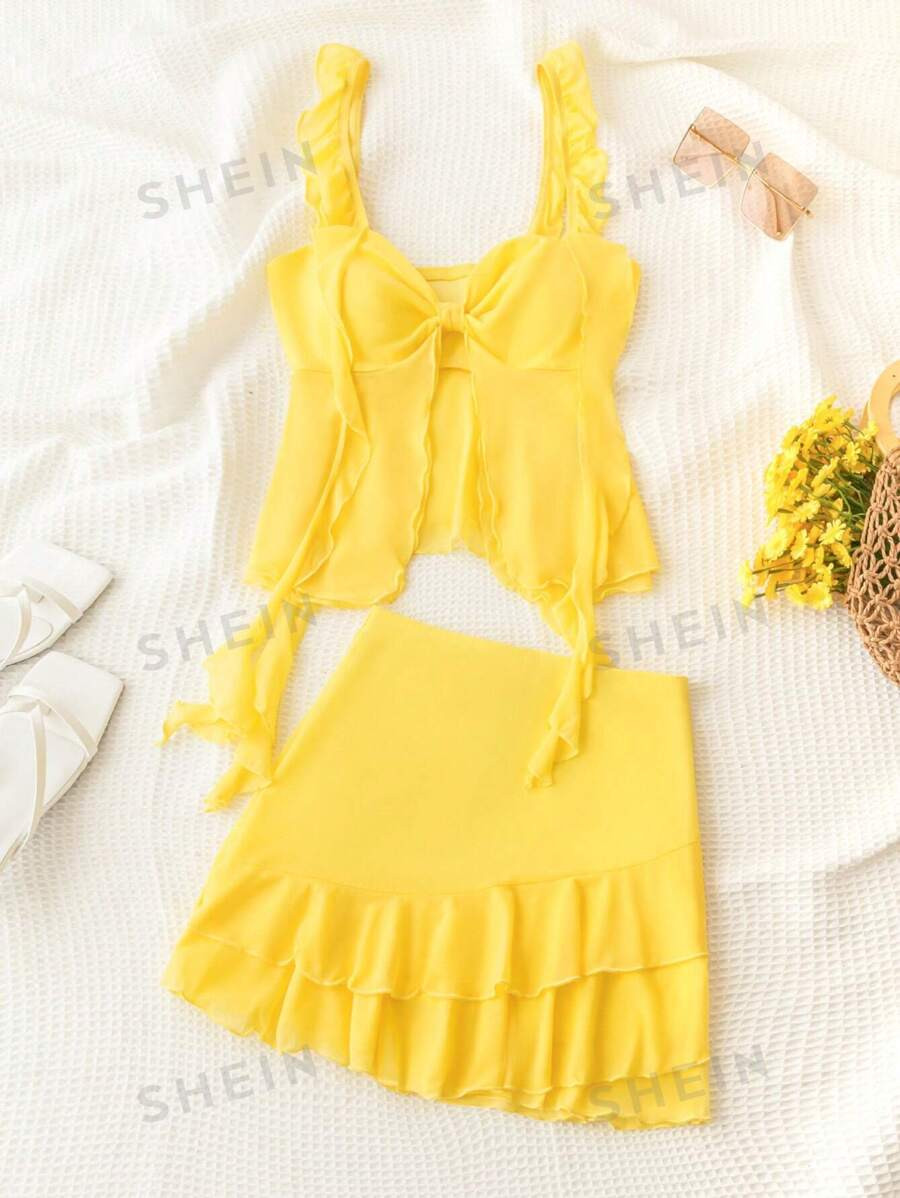 SHEIN WYWH Women's Holiday Tropical Yellow Crop Top With Ruffled Straps And Mini Double Layered A... | SHEIN