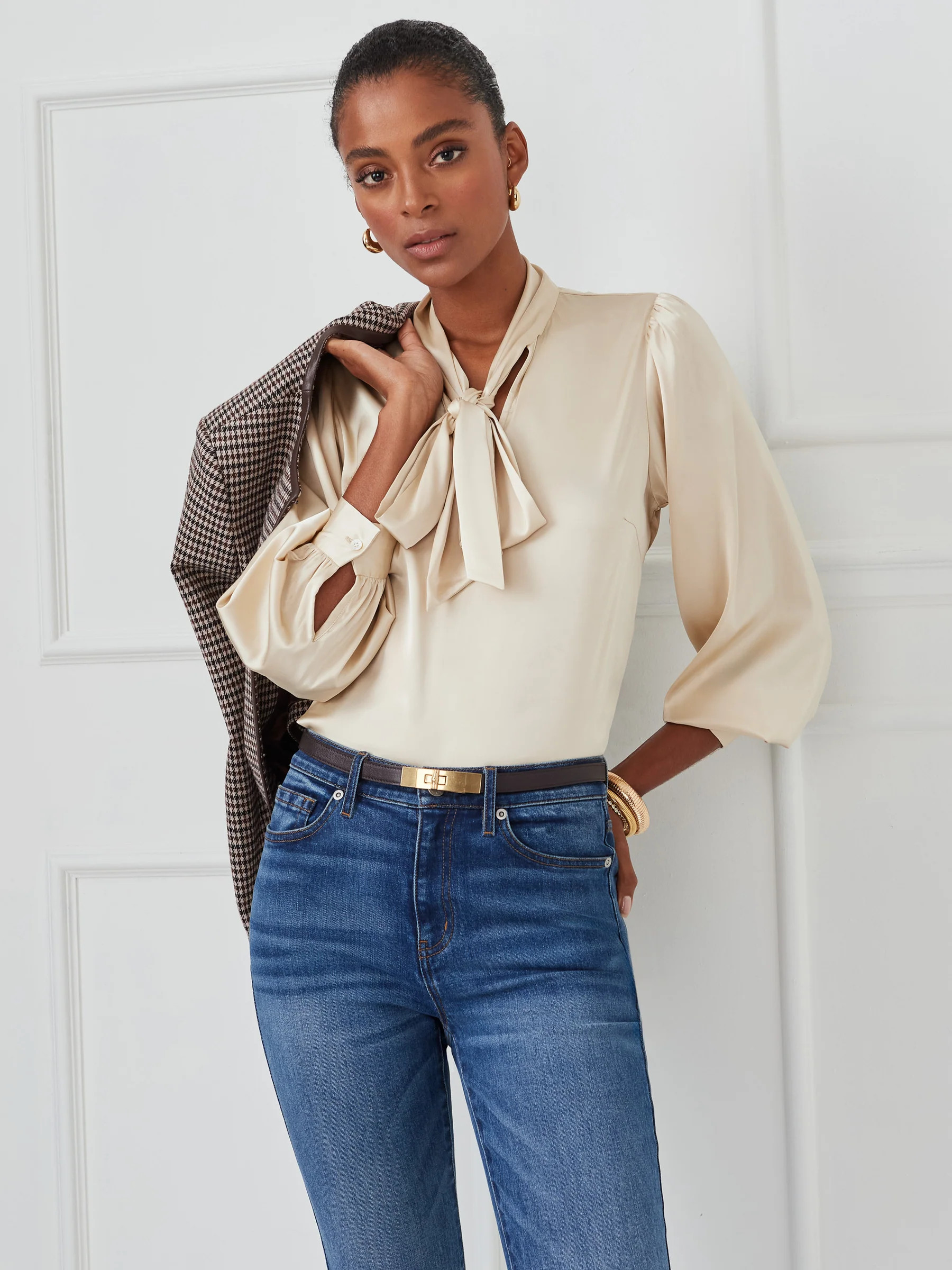 Champagne Solid Vienna Satin Blouse | Women's Tops | J.McLaughlin | J.McLaughlin