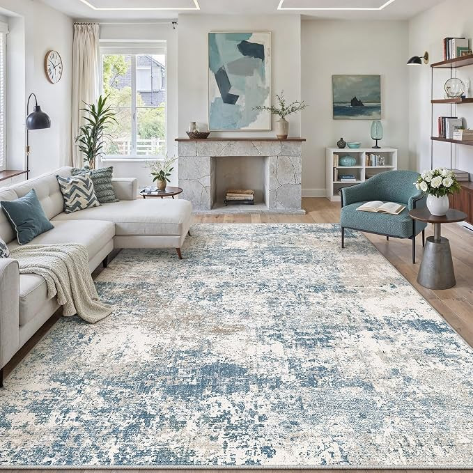 Blue 8x10 Area Rug Washable Modern Abstract Living Room Carpet Non Slip Neutral Low Pile Soft Con... | Amazon (US)
