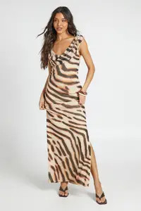 Brown Animal Printed Mesh Wide Cowl Printed Maxi Dress | Boohoo | Boohoo.com (UK & IE)