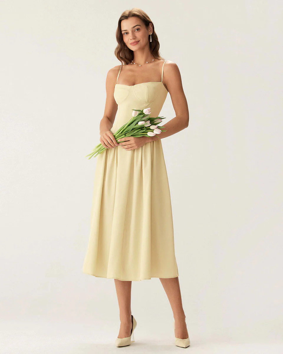 Yellow Square Neck Pocket Slip Midi Dress | rihoas.com