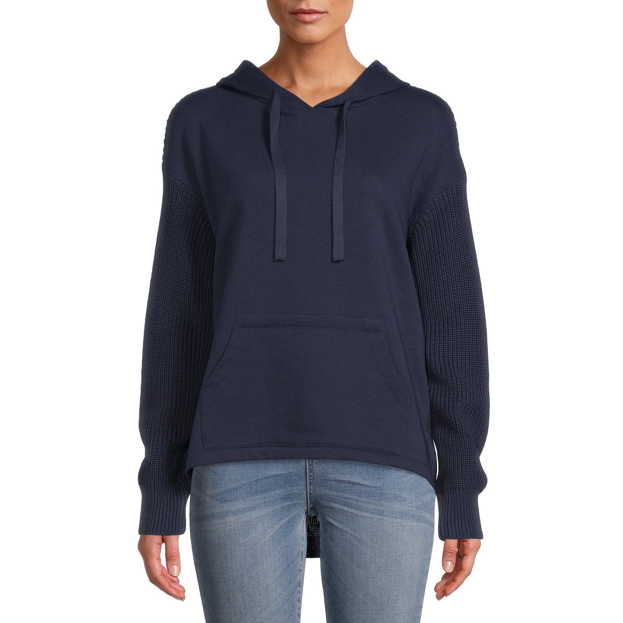 Time and Tru Women's Long Sleeve Mixed Media Pullover Hoodie | Walmart (US)