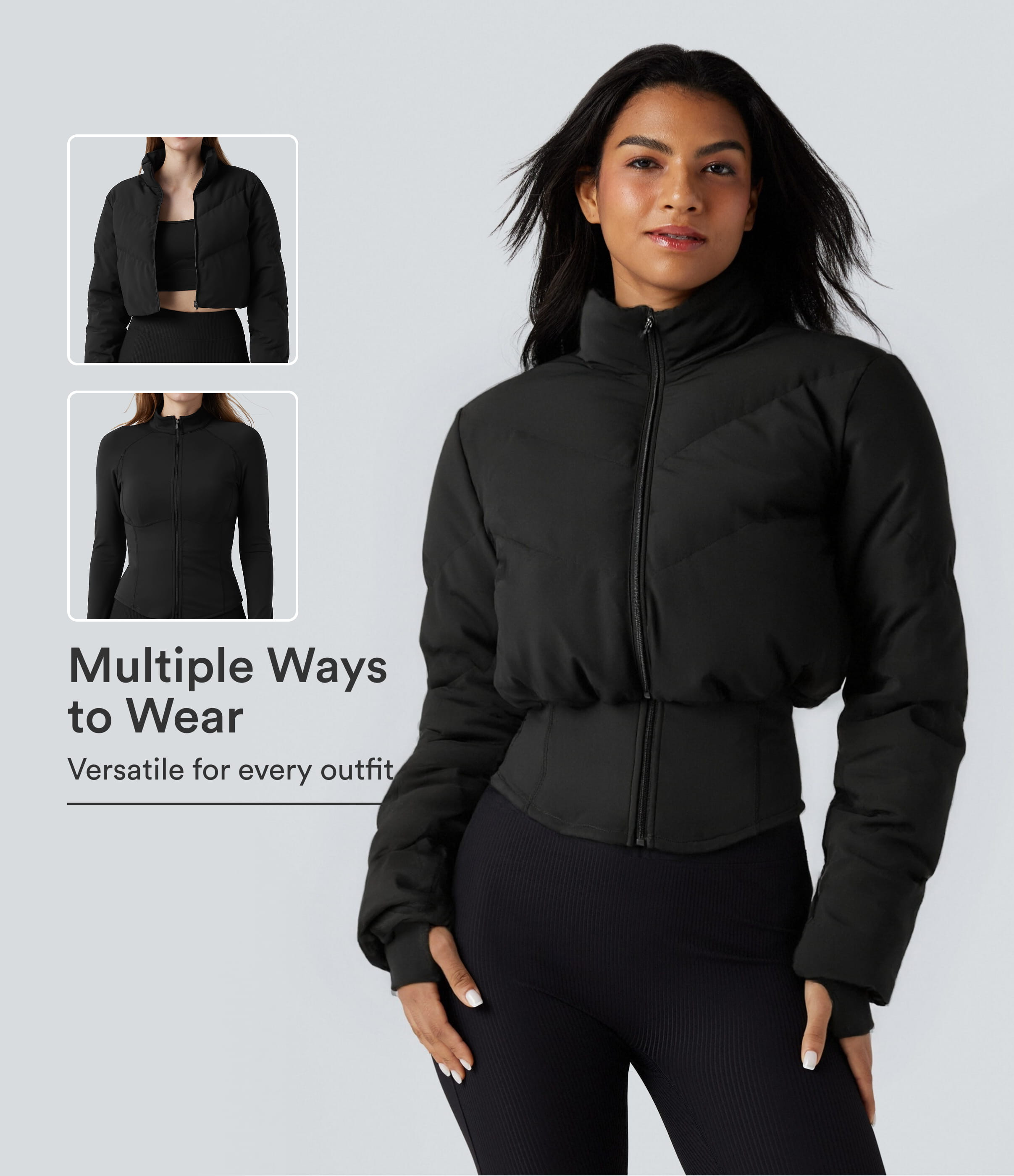 Halara 3-in-1 Stand Collar Casual Cropped Puffer Coat & Thumb Holes Curved Hem Jacket with Pocket - Black - XS | HALARA