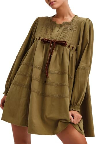 D-Sun Women Babydoll Dress Long Puff Sleeve Square Neck Lace A-Line Flowy Mini Dress Tie Embroide... | Amazon (US)