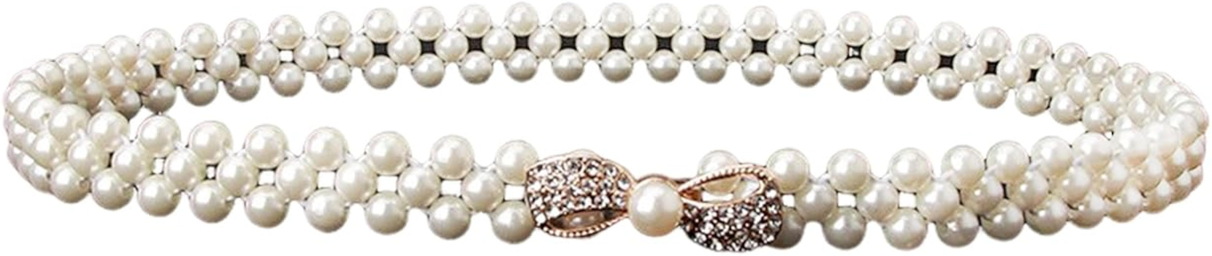HSQYJ Pearl Elastic Chain Belt Adjustable Stretchy Metal Crystal Flower Buckle Waist Belt Western... | Amazon (US)