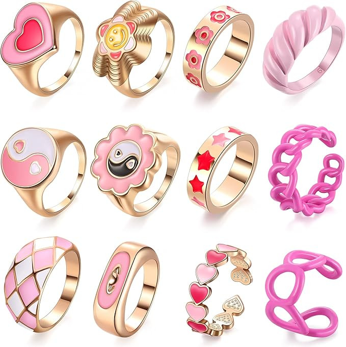12 Pieces Y2k Rings Colorful Resin Acrylic Rings Chunky Rings Vintage Knuckle Rings Trendy Enamel... | Amazon (US)