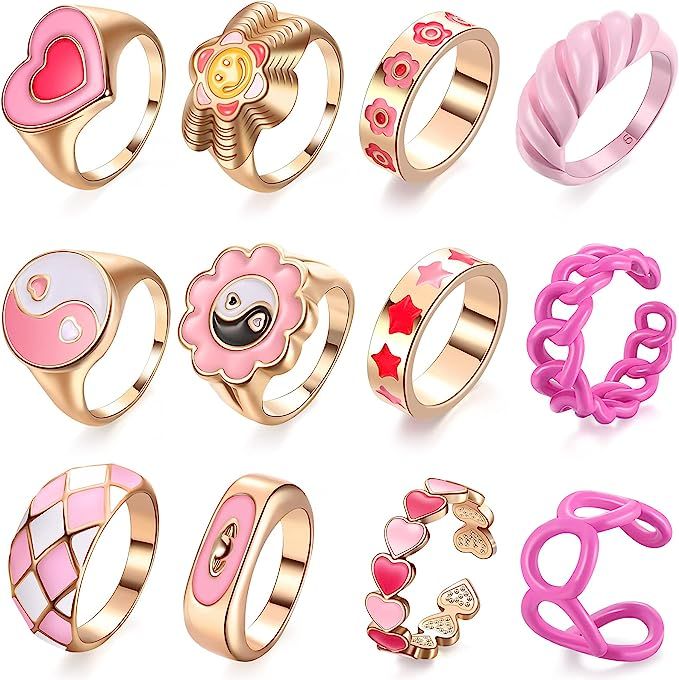 12 Pieces Y2k Rings Colorful Resin Acrylic Rings Chunky Rings Vintage Knuckle Rings Trendy Enamel... | Amazon (US)