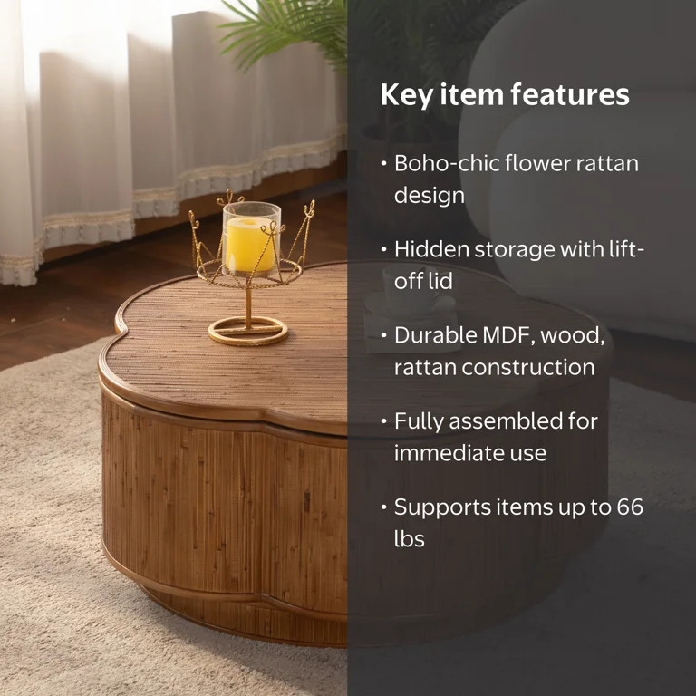 Noble House Flower Rattan Coffee Table with Lift-Off Lid Storage, Boho-Chic Petal Design, for Liv... | Walmart (US)
