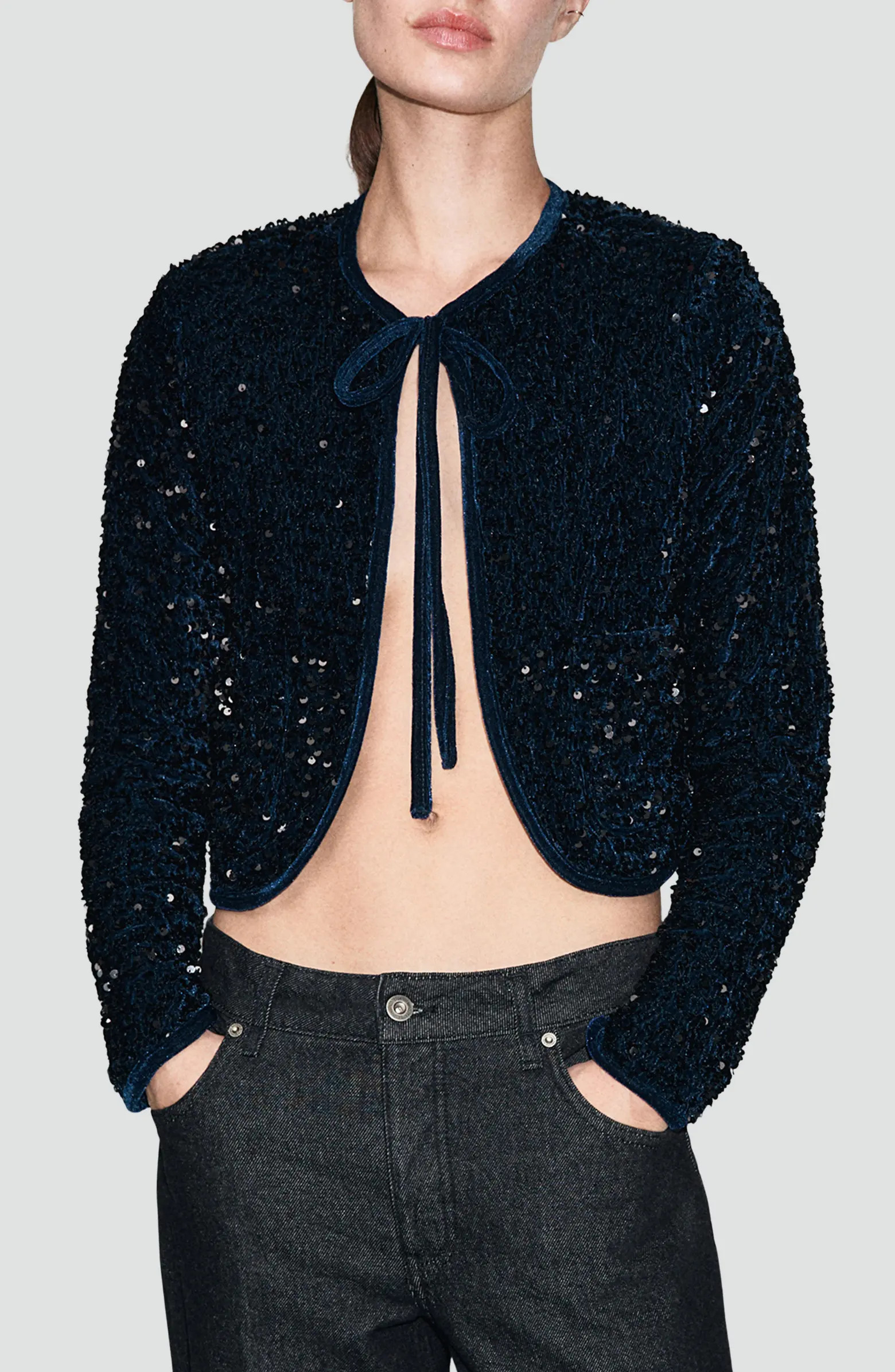 MANGO Sequin Velvet Tie Neck Jacket | Nordstrom | Nordstrom