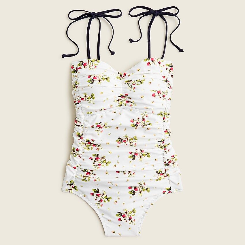 Ruched tie-shoulder one-piece in strawberry floral | J.Crew US