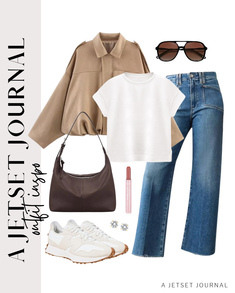 This khaki bomber jacket is also perfect for this combo of PRETTYGARDEN short-sleeve top and Astylish jeans. Wear a pair of New Balance 327 sneakers to match this fit, then grab your befen shoulder bag before heading out. 

 #LTKSeasonal #LTKSaleAlert #LTKTravel