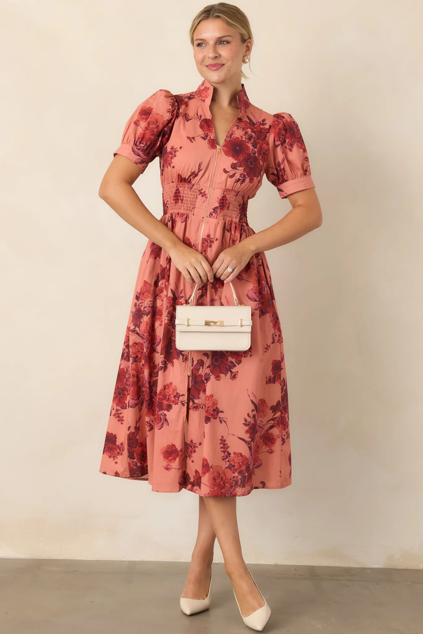Full of Possibility Coral & Burgundy Floral Cotton Zip Front Midi Dress | Red Dress