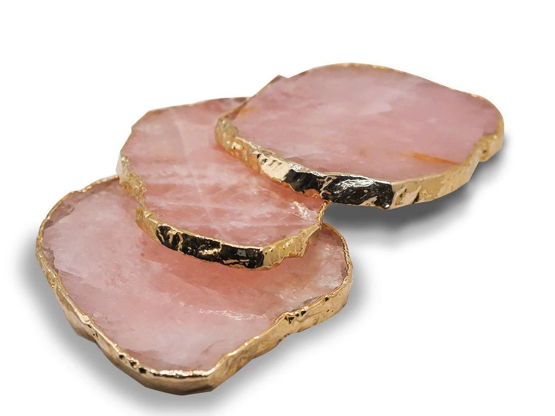 Rose Quartz coaster | Sold individually | Gold finish edges | Natural stone coasters | Etsy (US)