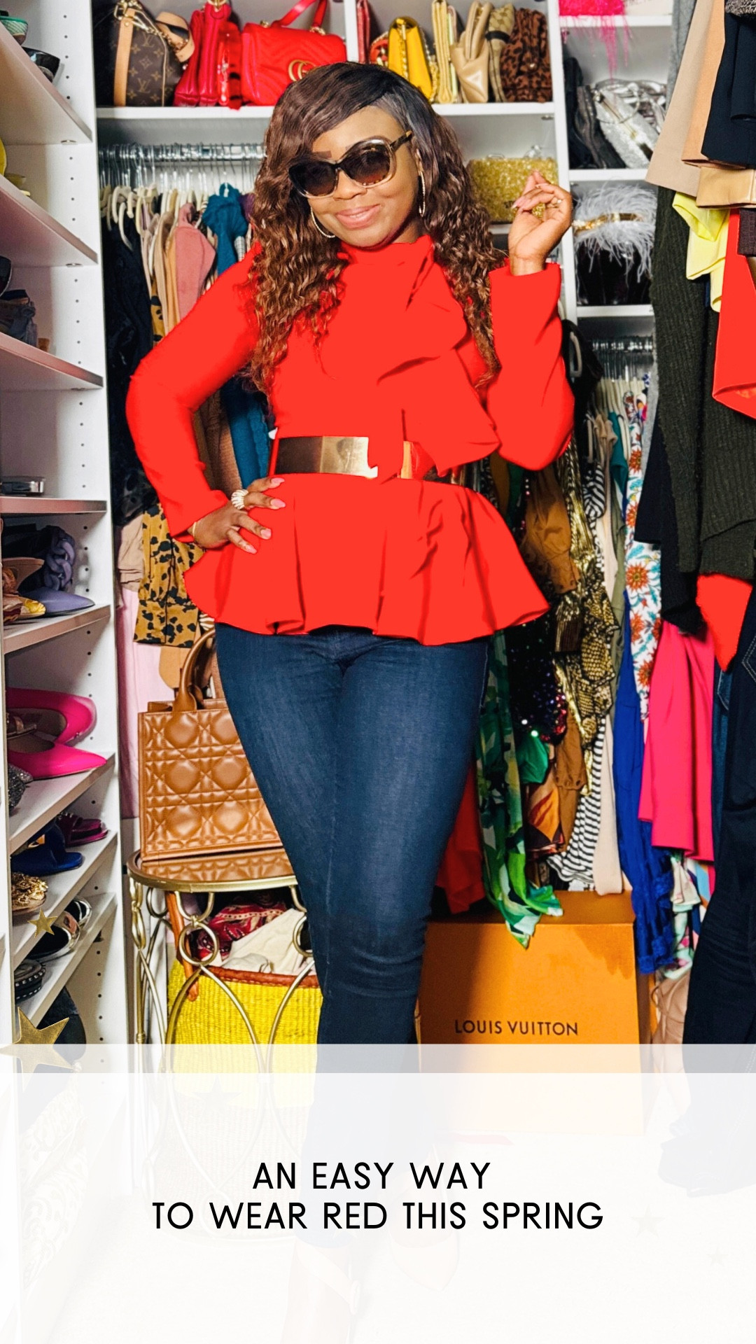 A super easy way to wear red this Spring and Summer. Metallics and nudes, which are neutrals,  pair well with red. Here, I paired a red top with skinny jeans and nude pumps, a gold belt pulled it all together.

#LTKOver40 #LTKMidsize #LTKWorkwear