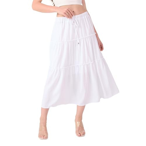 High Waist Tiered Maxi Skirts for Women Flowy Skirts Below Knee with Drawstring 2024 Women Fashion Trendy White S | Amazon (US)