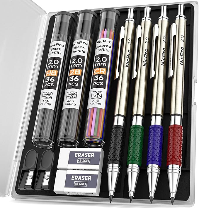 Nicpro 4 PCS Premium 2.0 mm Mechanical Pencils Set, 108 Colored & Black (HB 2B) Lead Refills, Art... | Amazon (US)